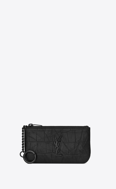 saint laurent schlüsselbeutel aus schwarzem geprägtem leder mit krokodilledereffekt